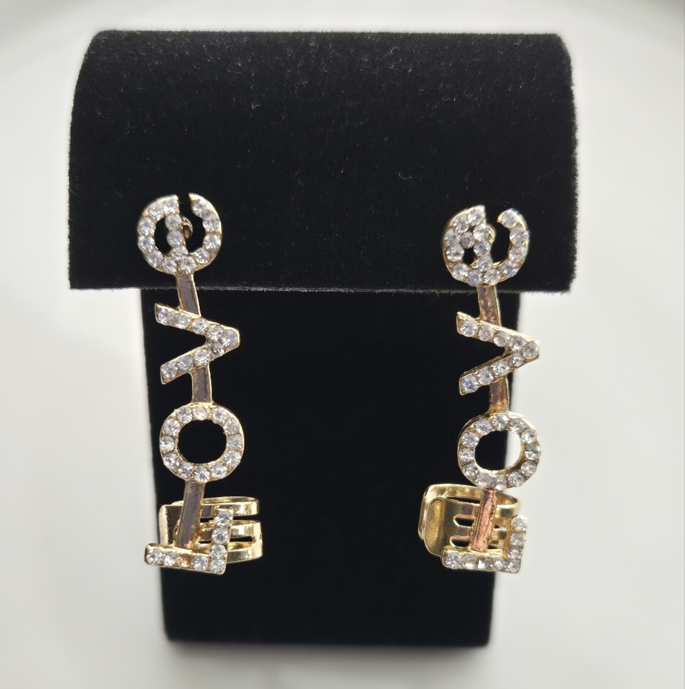 Gold Rhinestone LOVE Ear Cuff Drop Earrings Statement Dangle Fashion Jewelry - Picture 6 of 6